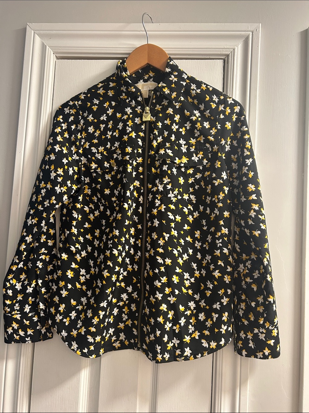 Michael Kors Black Floral Zip-Front Blouse